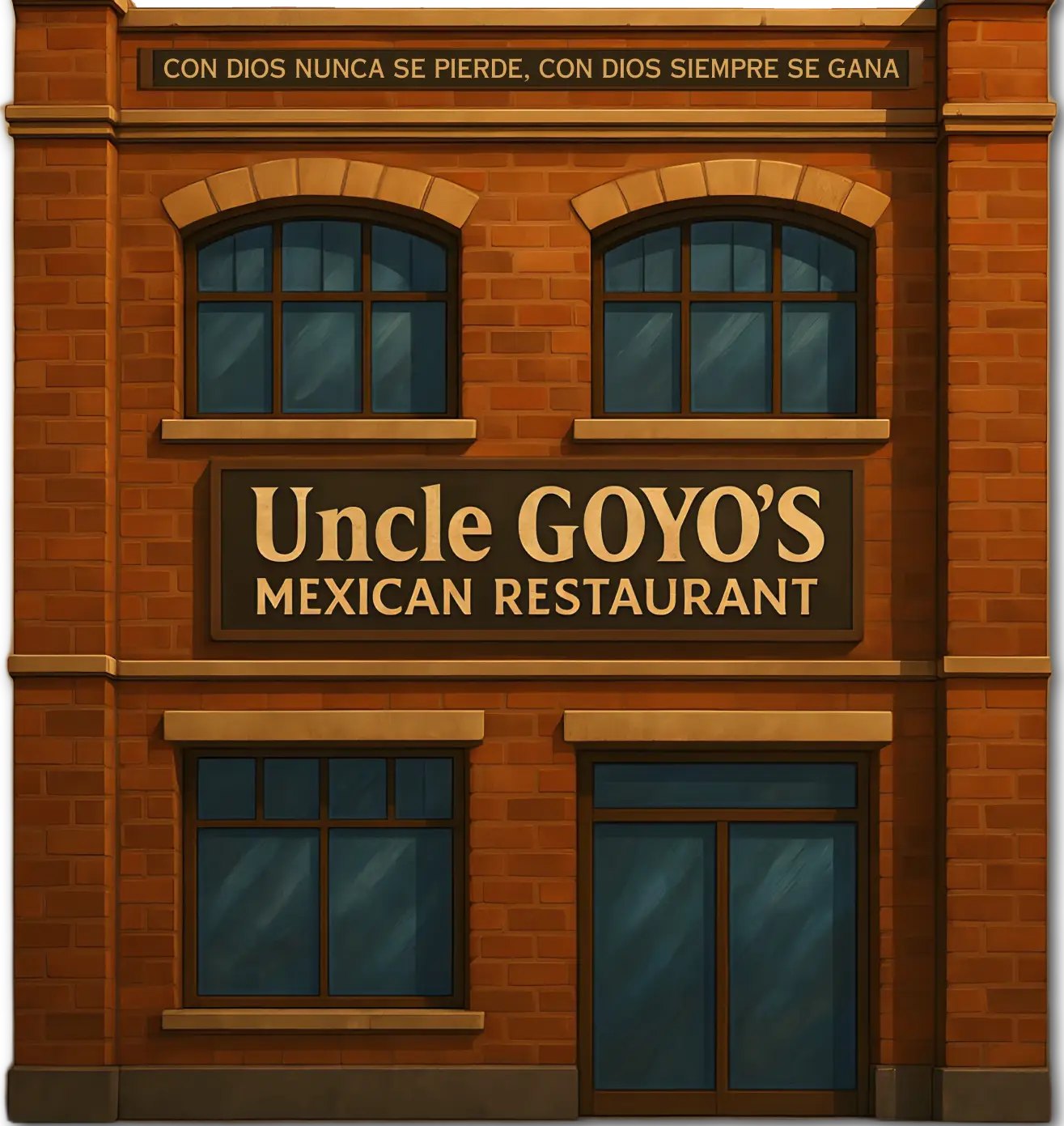 Uncle Goyo's building illustration with slogan